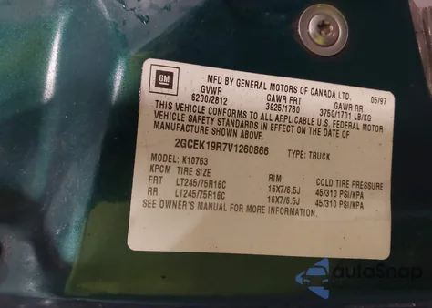 1997 Chevrolet K1500 Fleetside z USA, uszkodzony, nr VIN 2GCEK19R7V1260866